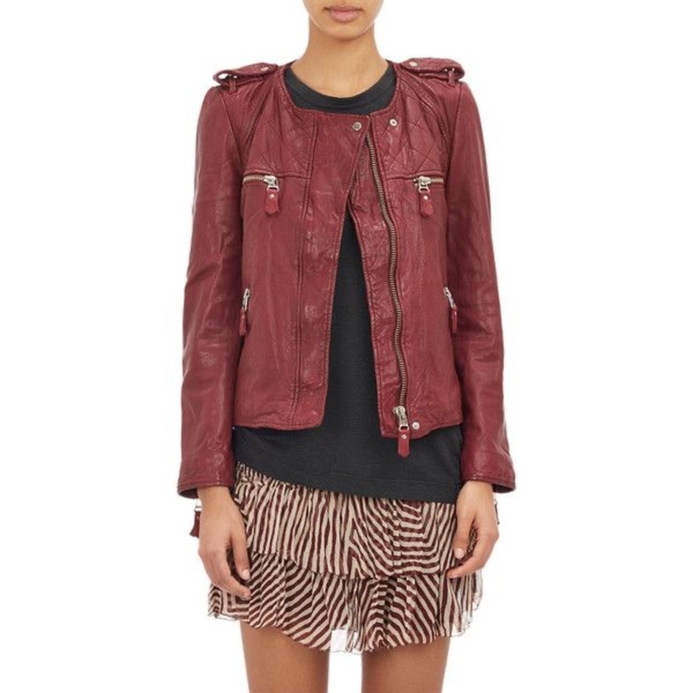 Isabel Marant Etoile | Kady Washed‎ Collarless Leather Moto Jacket in Red US 4